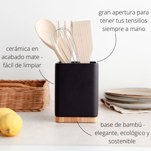 Porta utensilios de cocina con base de bamb SQUARE - negro mate