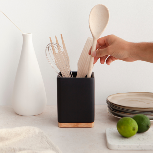 Porta utensilios de cocina Bote para utensilios cerámica y bambú Soporte  utensilios cocina cuadrado- negro mate